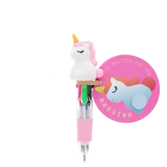 Unicorn four-colour pen with pastel pink grip and 3D unicorn topper with tag.