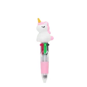 Unicorn four-colour pen with pastel pink grip and 3D unicorn topper.