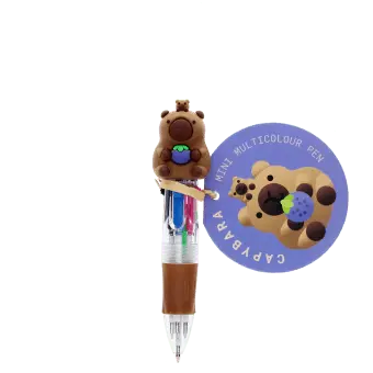 Capybara four-colour pen with clear barrel, brown grip and 3D capybara topper with tag.