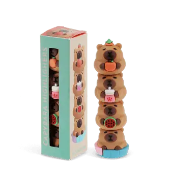 Capybara-themed three-colour highlighter pen with stacked capybara and retail packaging.