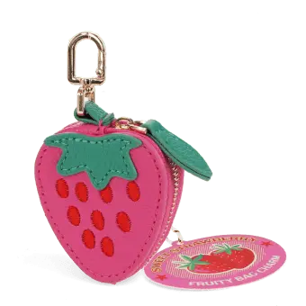 Strawberry-shaped coin purse with zip closure, embroidered seed details and keychain attachment with tag.