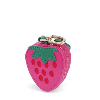 Strawberry-shaped coin purse with zip closure, embroidered seed details and keychain attachment.