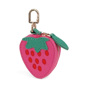 Strawberry-shaped coin purse with zip closure, embroidered seed details and keychain attachment.