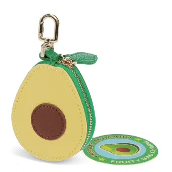 Avocado-shaped coin purse with zip closure and keychain attachment with tag.