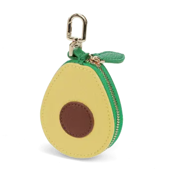 Avocado-shaped coin purse with zip closure and keychain attachment.
