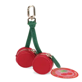 Cherry-shaped coin purse with zip compartments, green strap and gold-tone keychain with tag.