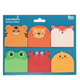Animal-themed sticky notes set with tiger, lion, fox, frog, crab and chick