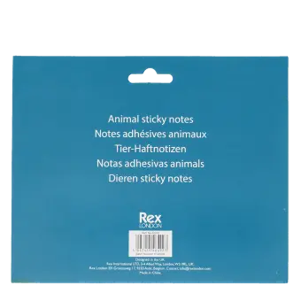 Back view of animal sticky notes packaging with product information and barcode 