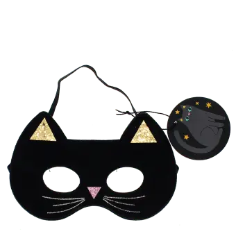 Black cat-shaped eye mask with elastic strap and a tag.