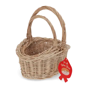 Set of two natural wicker baskets with woven design and carrying handles.