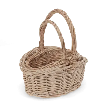 Set of two natural wicker baskets with woven design and carrying handles.