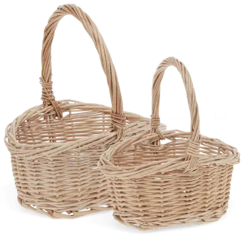Set of two natural wicker baskets with woven design and carrying handles.