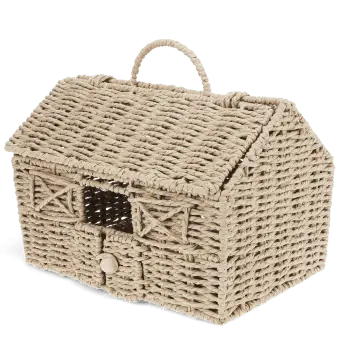 Woven farmhouse-shaped basket with pitched roof, handle and window.