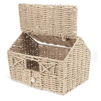 Woven farmhouse-shaped basket with open roof, handle and window.