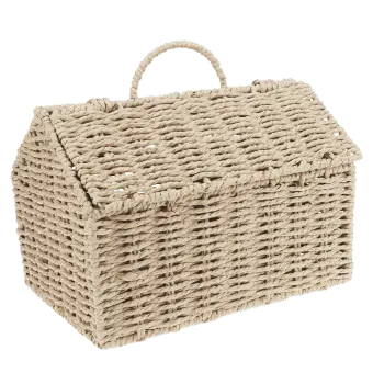 Back view of woven farmhouse-shaped basket with handle.
