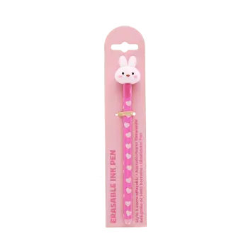 Bunny-themed erasable ink pen with heart-pattern barrel and rabbit-shaped topper in retail card packaging.