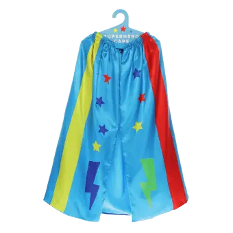 Children's blue superhero cape with colourful stars, lightning bolts 