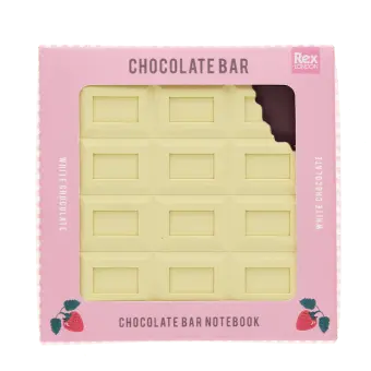 White chocolate bar-shaped notebook in pink packaging with strawberry-themed details.