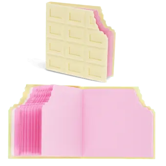 White chocolate bar-shaped notebook shown closed with bite-mark pages and open to reveal pink sheets.