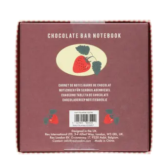 Back of chocolate bar notebook packaging with product details, barcode and strawberry illustration.