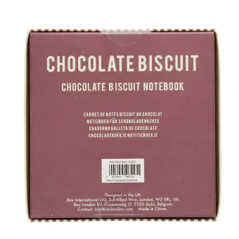 Back of chocolate biscuit notebook packaging with product information, barcode and manufacturer details.