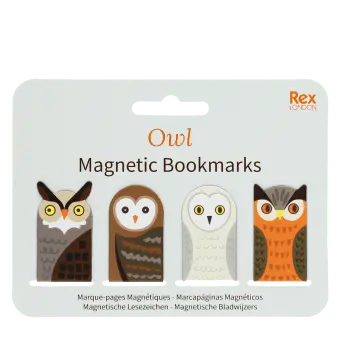 Owl magnetic bookmarks set featuring four owl designs in assorted colours and patterns