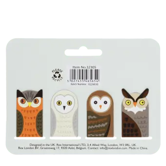Owl magnetic bookmarks set featuring four owl designs in assorted colours and patterns