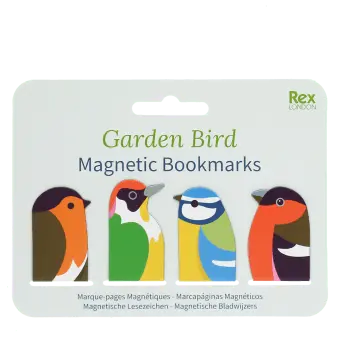 Garden bird magnetic bookmarks set featuring four colourful bird designs