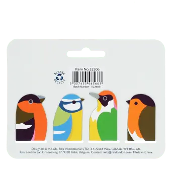 Garden bird magnetic bookmarks set featuring four colourful bird designs
