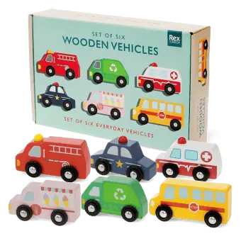 Set of six wooden toy vehicles with storage box, including bus, ambulance and fire engine