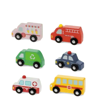 Set of six wooden toy vehicles, including bus, ambulance and fire engine