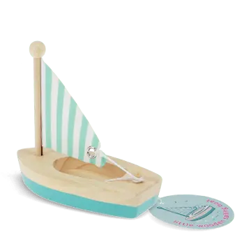 Good catch. From the image alone, the sail appears to be a flat printed panel and not clearly fabric. For accurate alt text, I'd avoid specifying the material.  Little wooden sailing boat with turquoise hull and striped sail with tag