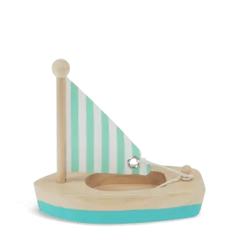 Good catch. From the image alone, the sail appears to be a flat printed panel and not clearly fabric. For accurate alt text, I'd avoid specifying the material.  Little wooden sailing boat with turquoise hull and striped sail