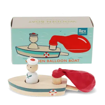 Wooden balloon-powered toy boat with detachable balloon and illustrated storage box