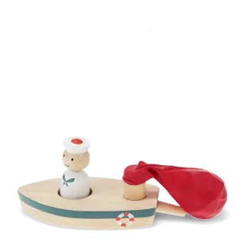 Wooden balloon-powered toy boat with detachable balloon and illustrated storage box