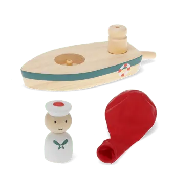 Wooden balloon-powered toy boat with detachable balloon