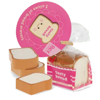 Tasty Bread eraser set with three slice-shaped erasers in loaf-style in pink retail packaging