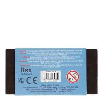Back of brown chocolate eraser packaging with product safety information