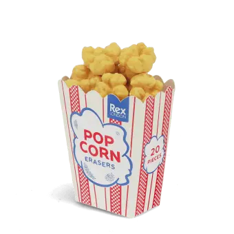 Popcorn-shaped erasers in striped cinema-style carton