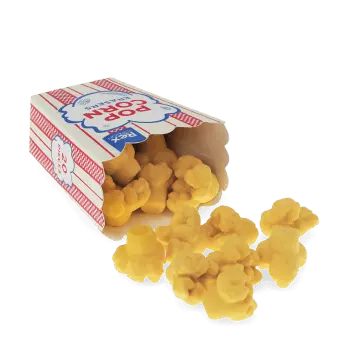 Popcorn-shaped erasers in striped cinema-style carton