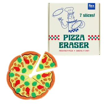 Pizza-shaped eraser with seven detachable slices and retail box