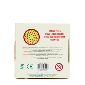 Back view of pizza eraser box with product safety information