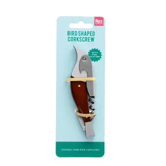 Bird-shaped stainless steel corkscrew with foil cutter and wooden handle in retail packaging.