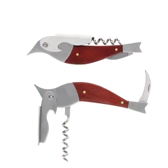 Bird-shaped stainless steel corkscrew with foil cutter and wooden handle