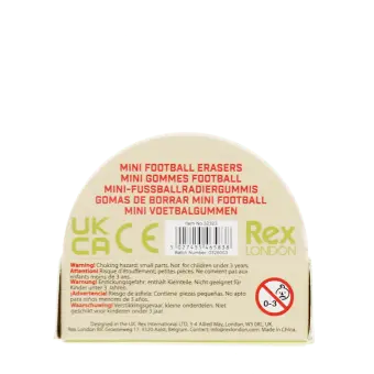Back of mini football eraser packaging with product information