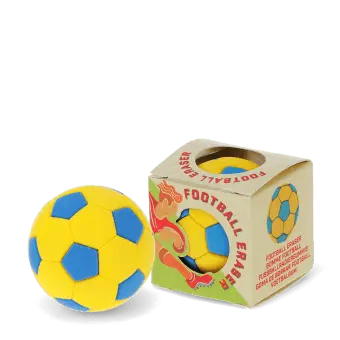 Football-shaped eraser in gift box with blue and yellow design