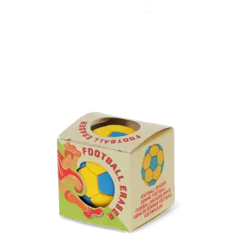 Football-shaped eraser in yellow and blue in retail packaging