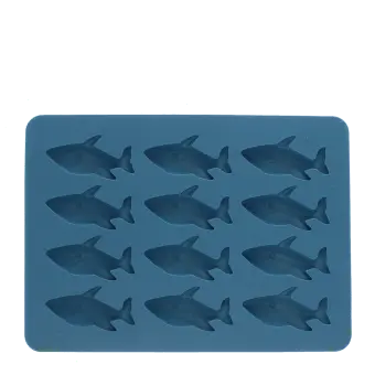 Shark-shaped ice cube tray with 12 shark moulds in blue