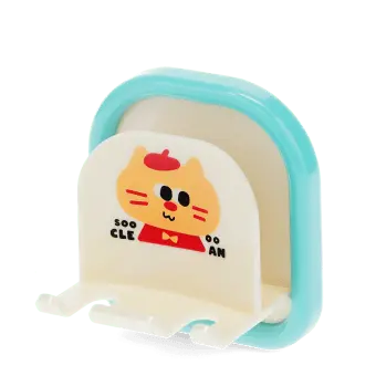 Children's cat-themed toothbrush holder with blue backing