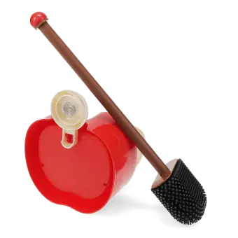 Red apple-shaped wall-mounted toilet brush with holder and black bristle head
